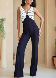 Slim Fit Black V Neck Patchwork Cotton Jumpsuit Sleeveless