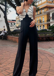 Slim Fit Black V Neck Patchwork Cotton Jumpsuit Sleeveless