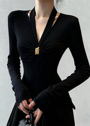 Slim Fit Black V Neck Patchwork Cotton T Shirt Tops Fall