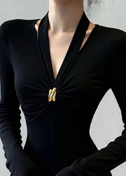 Slim Fit Black V Neck Patchwork Cotton T Shirt Tops Fall