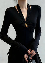 Slim Fit Black V Neck Patchwork Cotton T Shirt Tops Fall