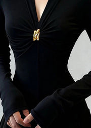 Slim Fit Black V Neck Patchwork Cotton T Shirt Tops Fall