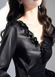 Slim Fit Black V Neck Ruffled Silk Shirt Fall