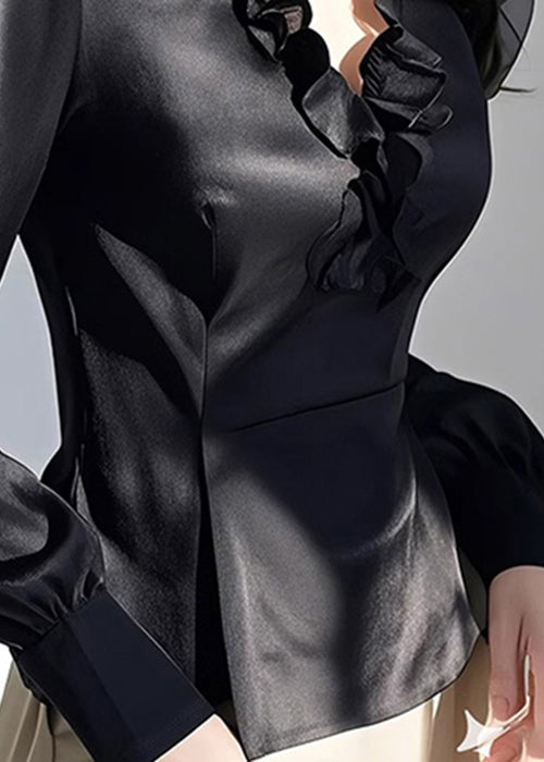 Slim Fit Black V Neck Ruffled Silk Shirt Fall