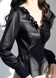 Slim Fit Black V Neck Ruffled Silk Shirt Fall