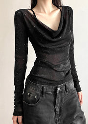 Slim Fit Black V Neck Sequins Tulle T Shirts Fall