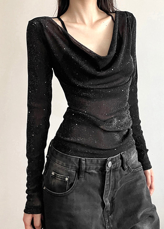 Slim Fit Black V Neck Sequins Tulle T Shirts Fall
