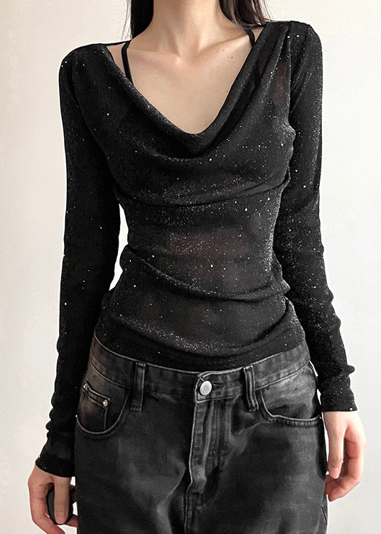 Slim Fit Black V Neck Sequins Tulle T Shirts Fall
