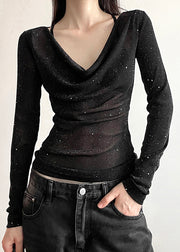 Slim Fit Black V Neck Sequins Tulle T Shirts Fall