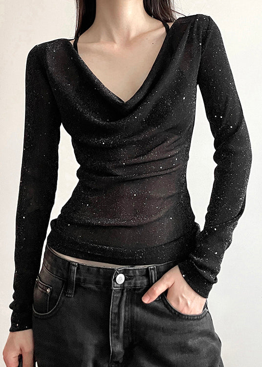 Slim Fit Black V Neck Sequins Tulle T Shirts Fall