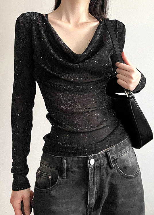 Slim Fit Black V Neck Sequins Tulle T Shirts Fall