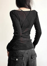 Slim Fit Black V Neck Sequins Tulle T Shirts Fall