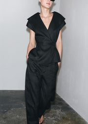 Slim Fit Black V Neck Tie Waist Cotton Two Pieces Set Summer