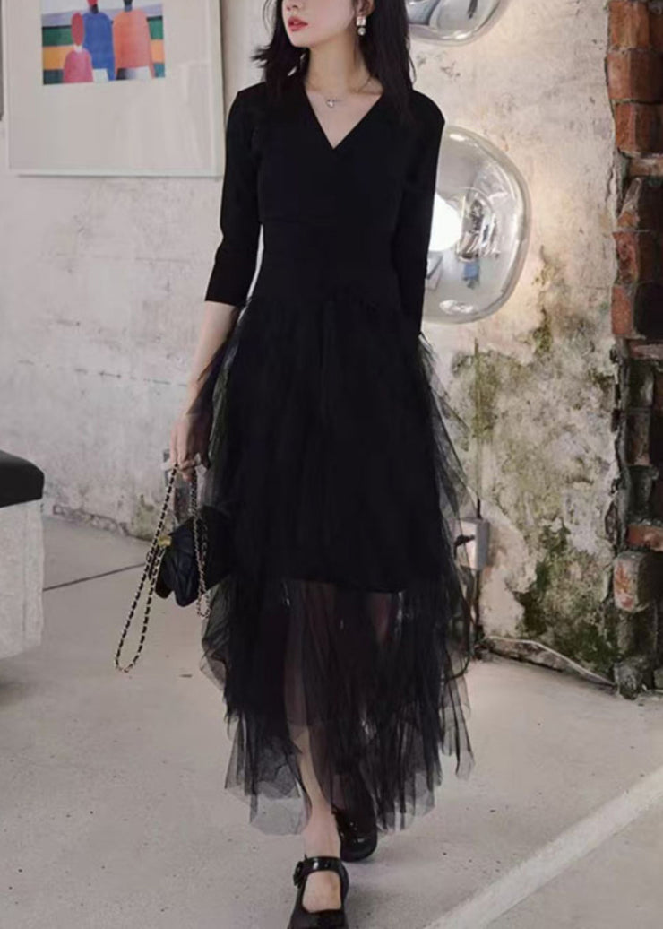 Slim Fit Black V Neck Tulle Patchwork Long Dresses Bracelet Sleeve