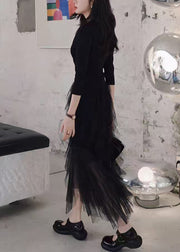 Slim Fit Black V Neck Tulle Patchwork Long Dresses Bracelet Sleeve