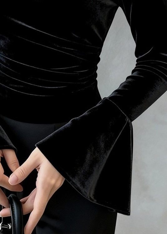 Slim Fit Black Wrinkled Original Design Silk Velour T Shirt Flare Sleeve