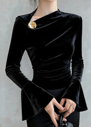 Slim Fit Black Wrinkled Original Design Silk Velour T Shirt Flare Sleeve