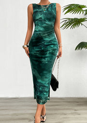 Slim Fit Blackish Green Print Side Open Tulle Long Dress Sleeveless