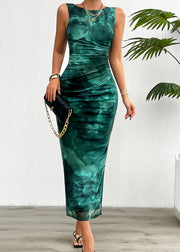Slim Fit Blackish Green Print Side Open Tulle Long Dress Sleeveless