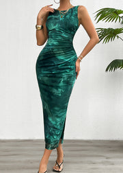 Slim Fit Blackish Green Print Side Open Tulle Long Dress Sleeveless