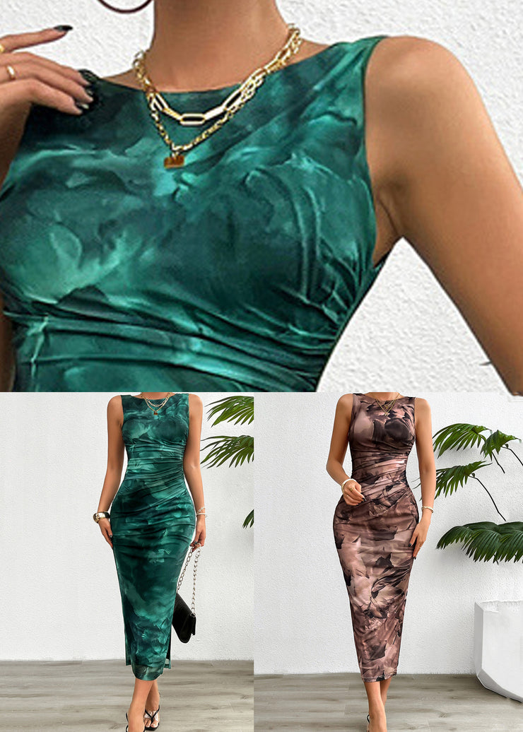 Slim Fit Blackish Green Print Side Open Tulle Long Dress Sleeveless
