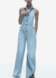 Slim Fit Blue Backless Button High Waist Denim Jumpsuit Sleeveless