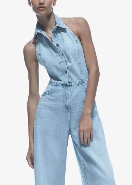 Slim Fit Blue Backless Button High Waist Denim Jumpsuit Sleeveless