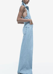 Slim Fit Blue Backless Button High Waist Denim Jumpsuit Sleeveless