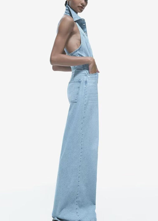 Slim Fit Blue Backless Button High Waist Denim Jumpsuit Sleeveless