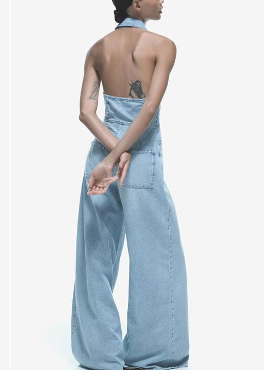 Slim Fit Blue Backless Button High Waist Denim Jumpsuit Sleeveless