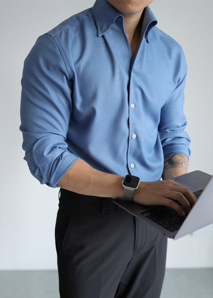 Slim Fit Blue Button Solid Cotton Shirt Men Fall