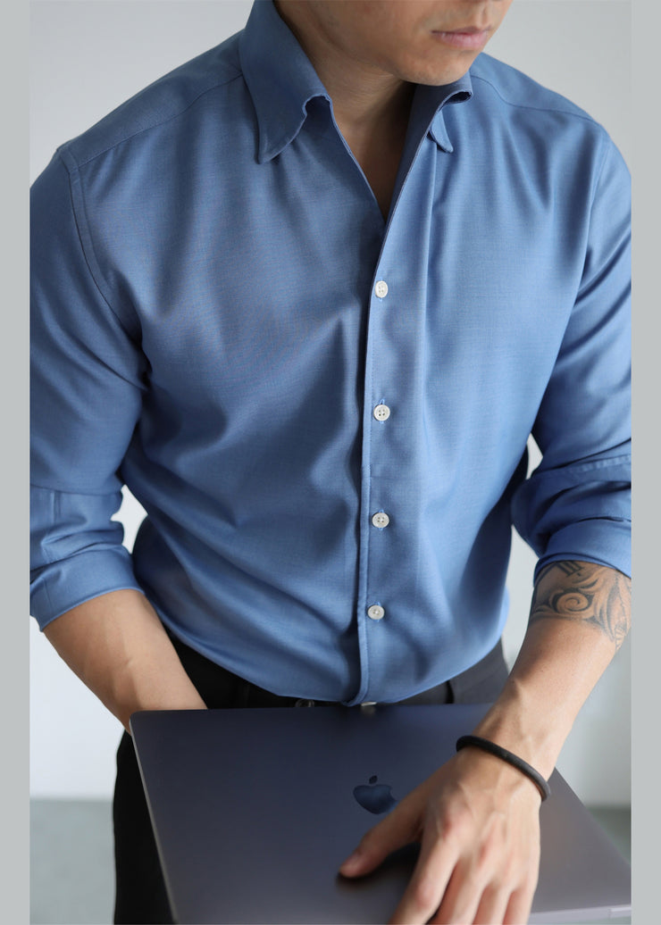 Slim Fit Blue Button Solid Cotton Shirt Men Fall