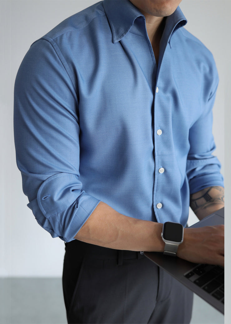 Slim Fit Blue Button Solid Cotton Shirt Men Fall