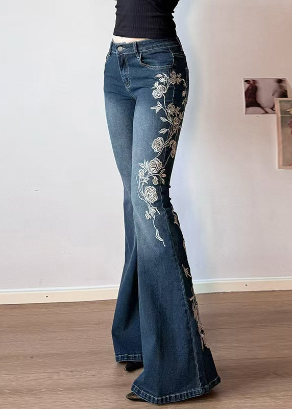 Slim Fit Blue Embroidered High Waist Denim Flared Trousers Summer