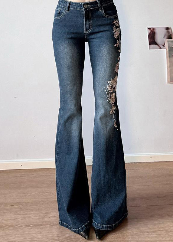 Slim Fit Blue Embroidered High Waist Denim Flared Trousers Summer