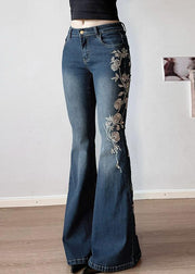 Slim Fit Blue Embroidered High Waist Denim Flared Trousers Summer