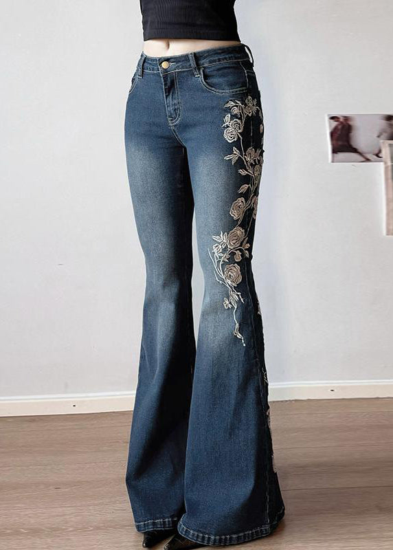 Slim Fit Blue Embroidered High Waist Denim Flared Trousers Summer