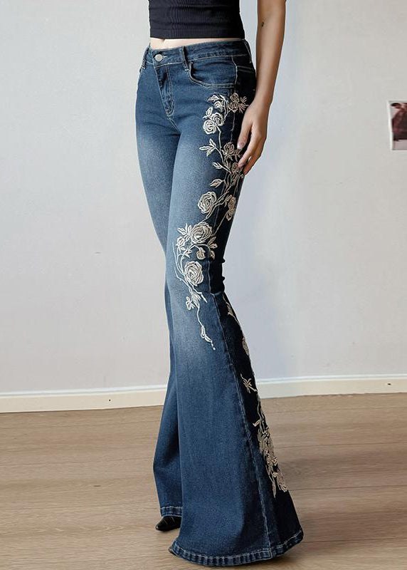 Slim Fit Blue Embroidered High Waist Denim Flared Trousers Summer