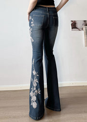 Slim Fit Blue Embroidered High Waist Denim Flared Trousers Summer