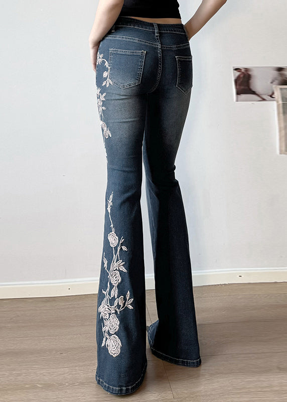 Slim Fit Blue Embroidered High Waist Denim Flared Trousers Summer