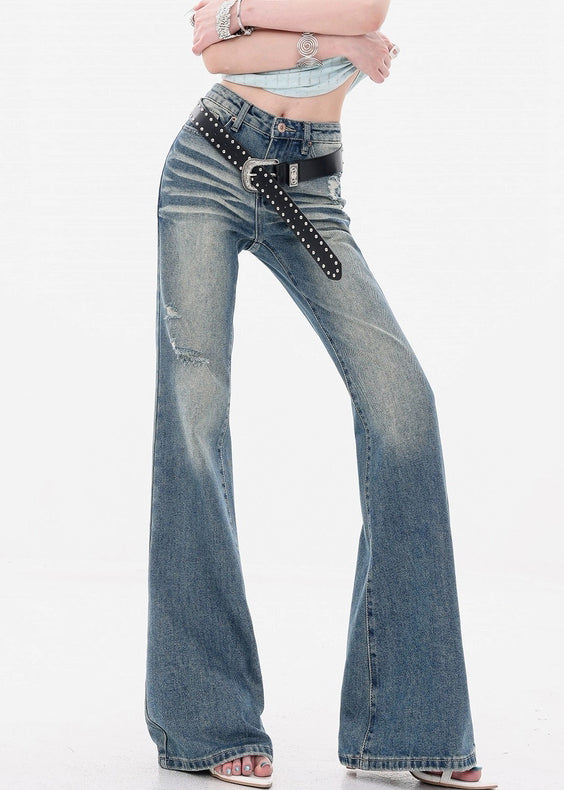 Slim Fit Blue Hole High Waist Denim Flare Bottoms Fall