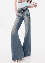Slim Fit Blue Hole High Waist Denim Flare Bottoms Fall