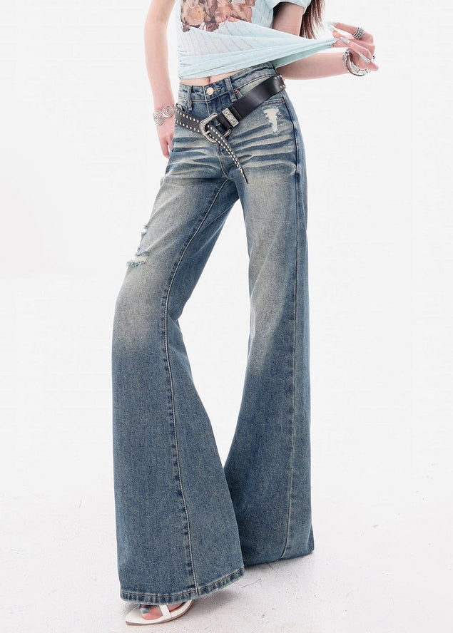 Slim Fit Blue Hole High Waist Denim Flare Bottoms Fall