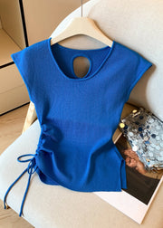 Slim Fit Blue Hollow Out Lace Up Knit T Shirts Summer