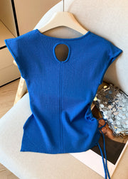 Slim Fit Blue Hollow Out Lace Up Knit T Shirts Summer