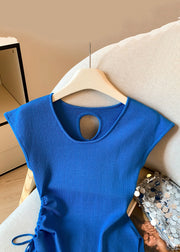 Slim Fit Blue Hollow Out Lace Up Knit T Shirts Summer