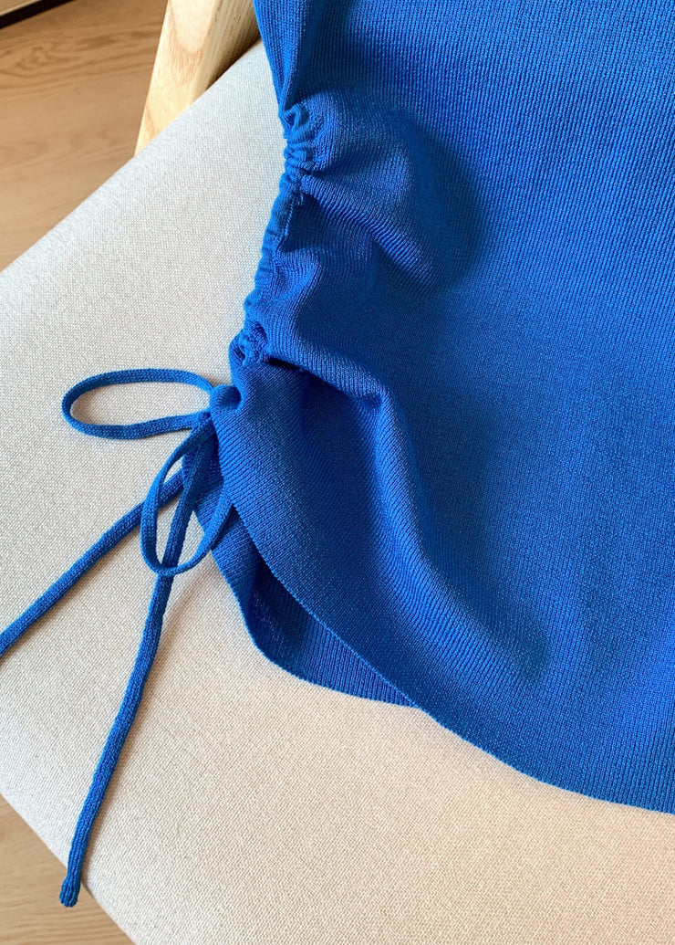 Slim Fit Blue Hollow Out Lace Up Knit T Shirts Summer
