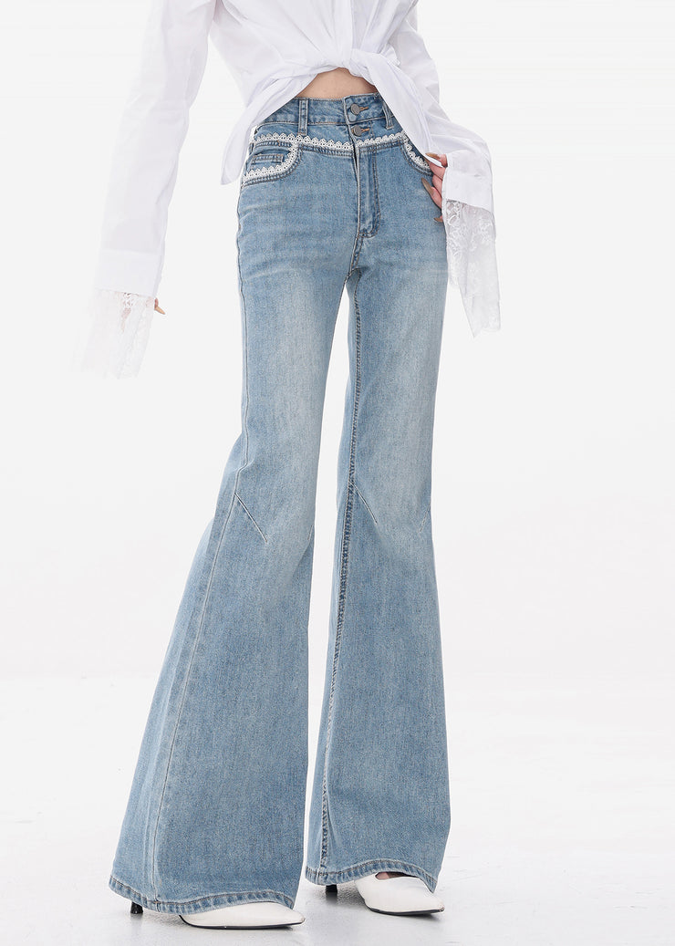Slim Fit Blue Lace High Waist Denim Flared Trousers Fall