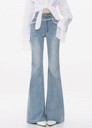 Slim Fit Blue Lace High Waist Denim Flared Trousers Fall