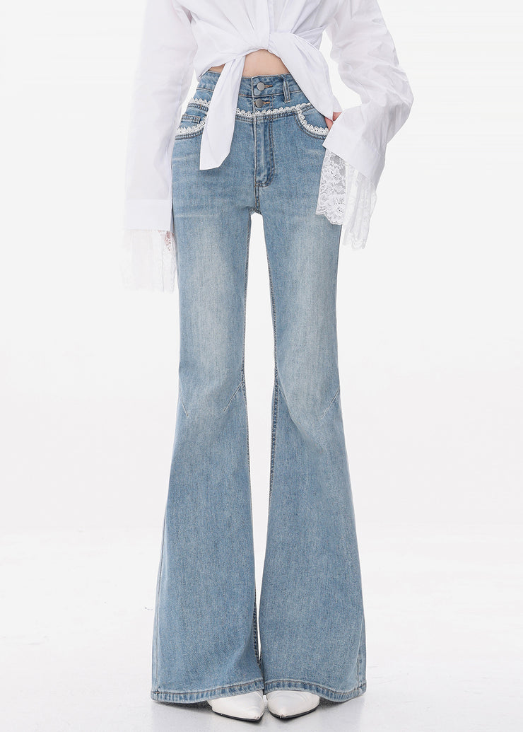 Slim Fit Blue Lace High Waist Denim Flared Trousers Fall